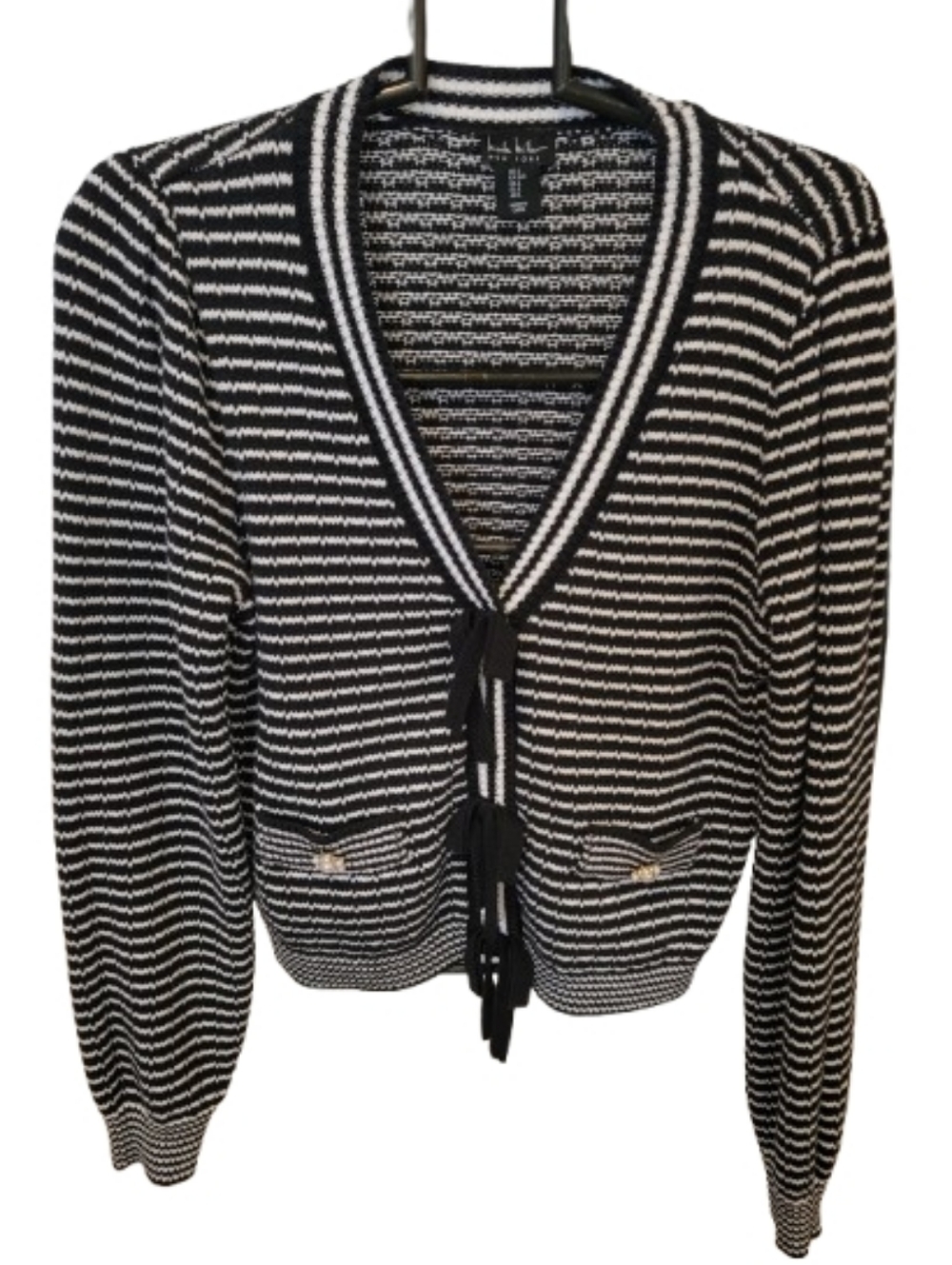 Nicole Miller Evening Cardigan Sweater Top Black White Large - Picture 3 of 14